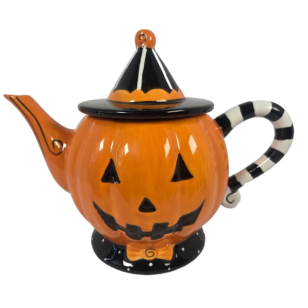 Broomstick BLVD Pumpkin Teapot 11 Inch Orange Jack O Lantern Halloween Ceramic